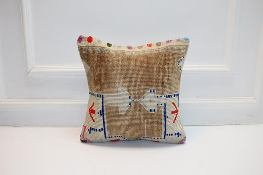 Vintage Turkish Kilim Pillow Cover, Cream Geometric Tribal Rug Cushion, Handwoven Anatolian Boho Rustic Decor(16x16 in)