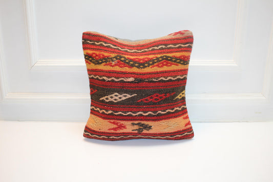 Vintage Turkish Kilim Pillow Cover, Red Tribal Anatolian Rug Cushion, Handwoven Ethnic Boho Rustic Home Decor(16x16 in)