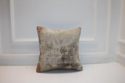Handmade Turkish Kilim Pillow Cover, Neutral Woven Rug Cushion (16x16 inch)