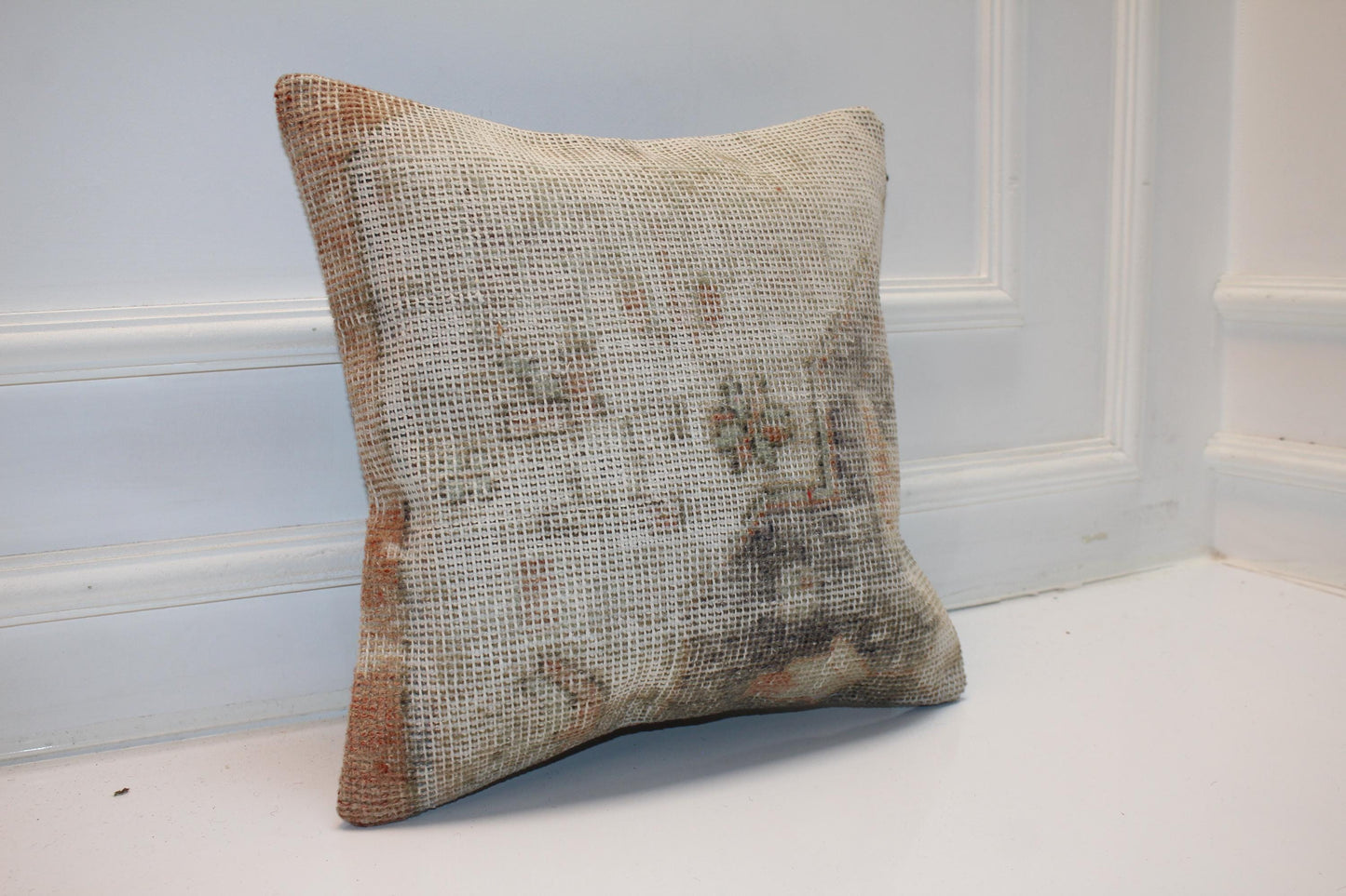 Handmade Turkish Kilim Pillow Cover, Neutral Woven Rug Cushion (16x16 inch)