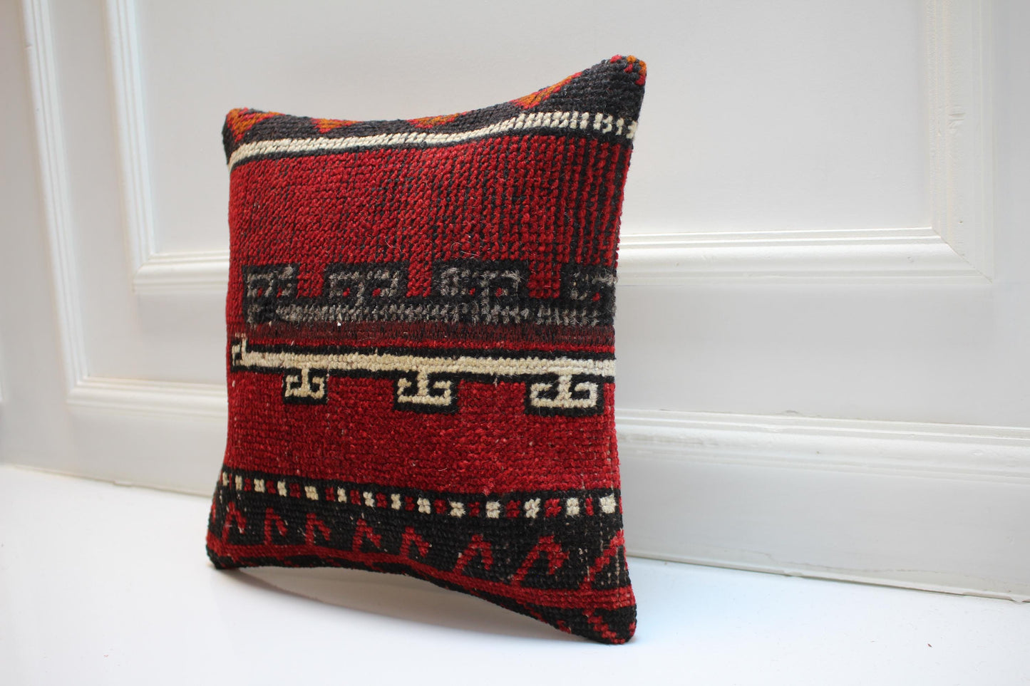 Vintage Turkish Persian Kilim Lumbar Pillow, Red Tribal Woven Cushion, Handmade Rug Pillow Cover, 16x16 inch