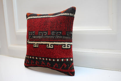 Vintage Turkish Persian Kilim Lumbar Pillow, Red Tribal Woven Cushion, Handmade Rug Pillow Cover, 16x16 inch