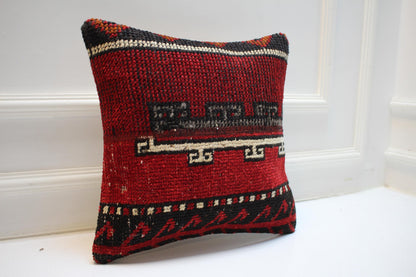 Vintage Turkish Persian Kilim Lumbar Pillow, Red Tribal Woven Cushion, Handmade Rug Pillow Cover, 16x16 inch