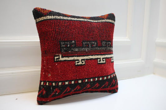 Vintage Turkish Persian Kilim Lumbar Pillow, Red Tribal Woven Cushion, Handmade Rug Pillow Cover, 16x16 inch