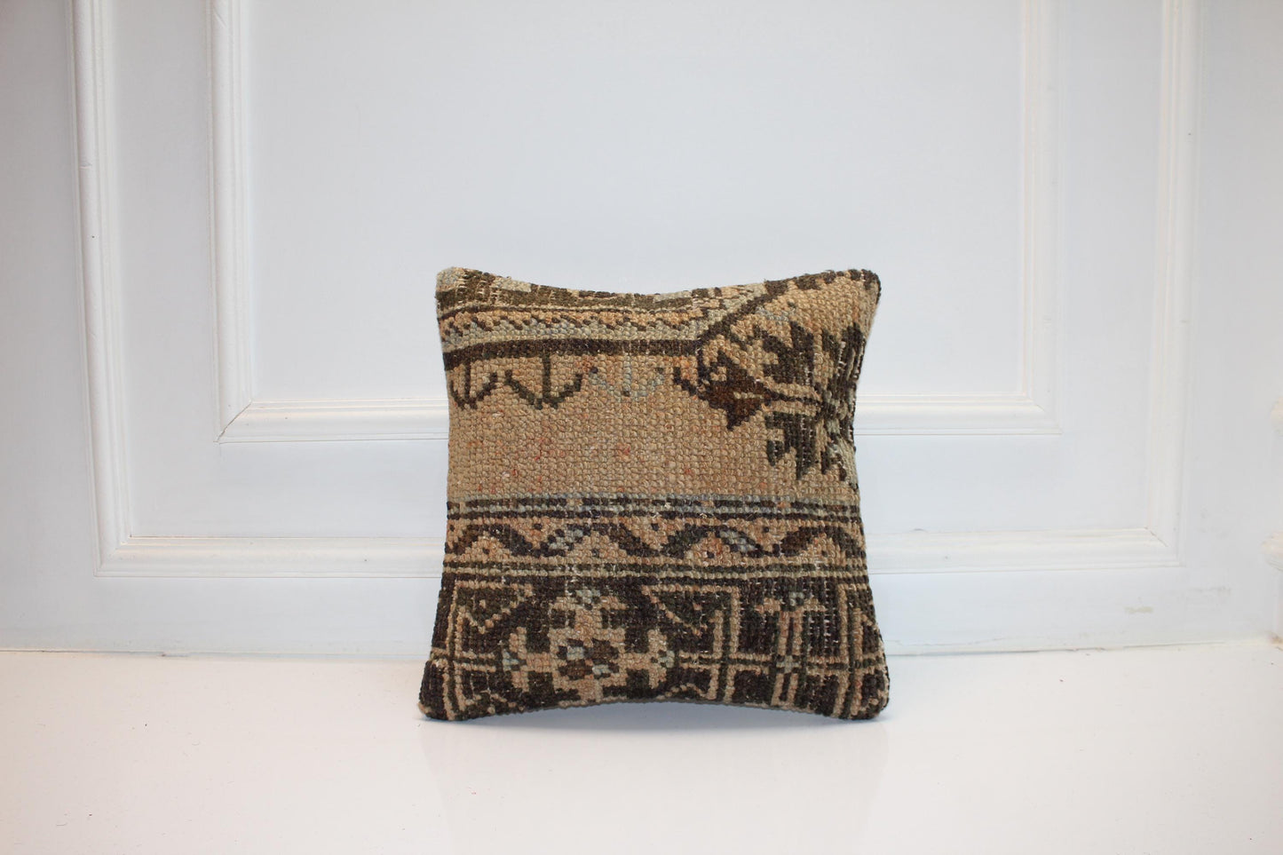 Vintage Turkish Persian Kilim Lumbar Pillow, Neutral Brown Tribal Woven Cushion, Handmade Rug Pillow Cover, 16x16 inch