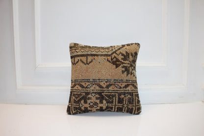 Vintage Turkish Persian Kilim Lumbar Pillow, Neutral Brown Tribal Woven Cushion, Handmade Rug Pillow Cover, 16x16 inch