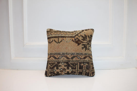 Vintage Turkish Persian Kilim Lumbar Pillow, Neutral Brown Tribal Woven Cushion, Handmade Rug Pillow Cover, 16x16 inch