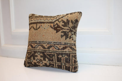 Vintage Turkish Persian Kilim Lumbar Pillow, Neutral Brown Tribal Woven Cushion, Handmade Rug Pillow Cover, 16x16 inch