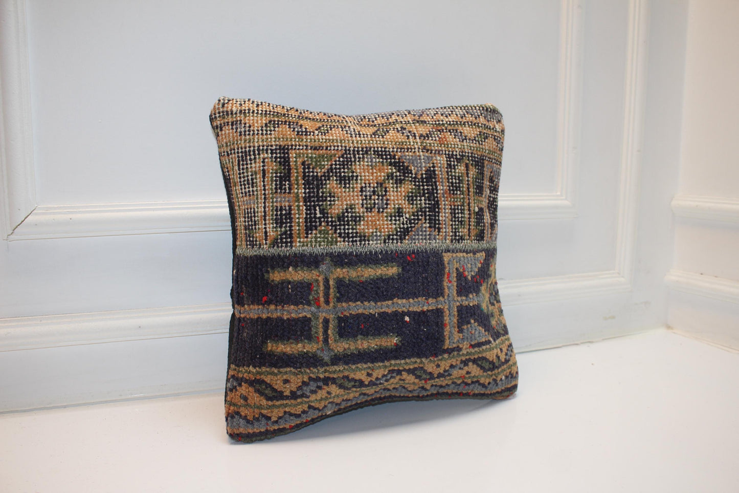 Vintage Turkish Persian Kilim Lumbar Pillow, Blue Beige Tribal Woven Cushion, Handmade Rug Pillow Cover, 16x16 inch