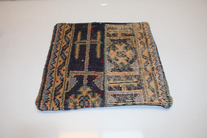 Vintage Turkish Persian Kilim Lumbar Pillow, Blue Beige Tribal Woven Cushion, Handmade Rug Pillow Cover, 16x16 inch