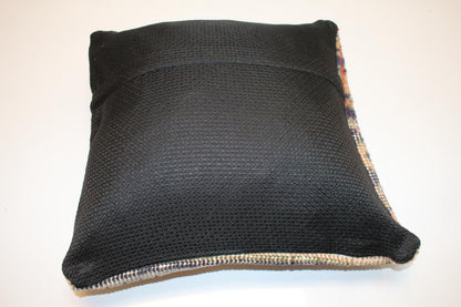 Vintage Turkish Persian Kilim Lumbar Pillow, Blue Beige Tribal Woven Cushion, Handmade Rug Pillow Cover, 16x16 inch