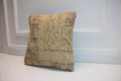 Vintage Turkish Persian Kilim Lumbar Pillow, Neutral Beige Minimal Woven Cushion, Handmade Rug Pillow Cover, 16x16 inch