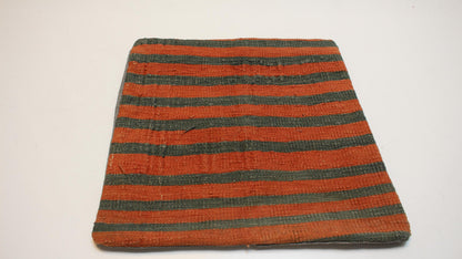 Vintage Turkish Persian Kilim Lumbar Pillow, Orange Green Striped Woven Cushion, Handmade Rug Pillow Cover, 16x16 inch
