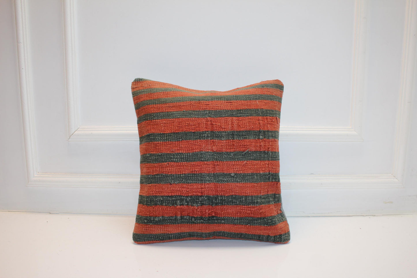 Vintage Turkish Persian Kilim Lumbar Pillow, Orange Green Striped Woven Cushion, Handmade Rug Pillow Cover, 16x16 inch