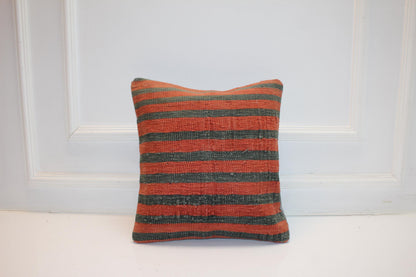 Vintage Turkish Persian Kilim Lumbar Pillow, Orange Green Striped Woven Cushion, Handmade Rug Pillow Cover, 16x16 inch