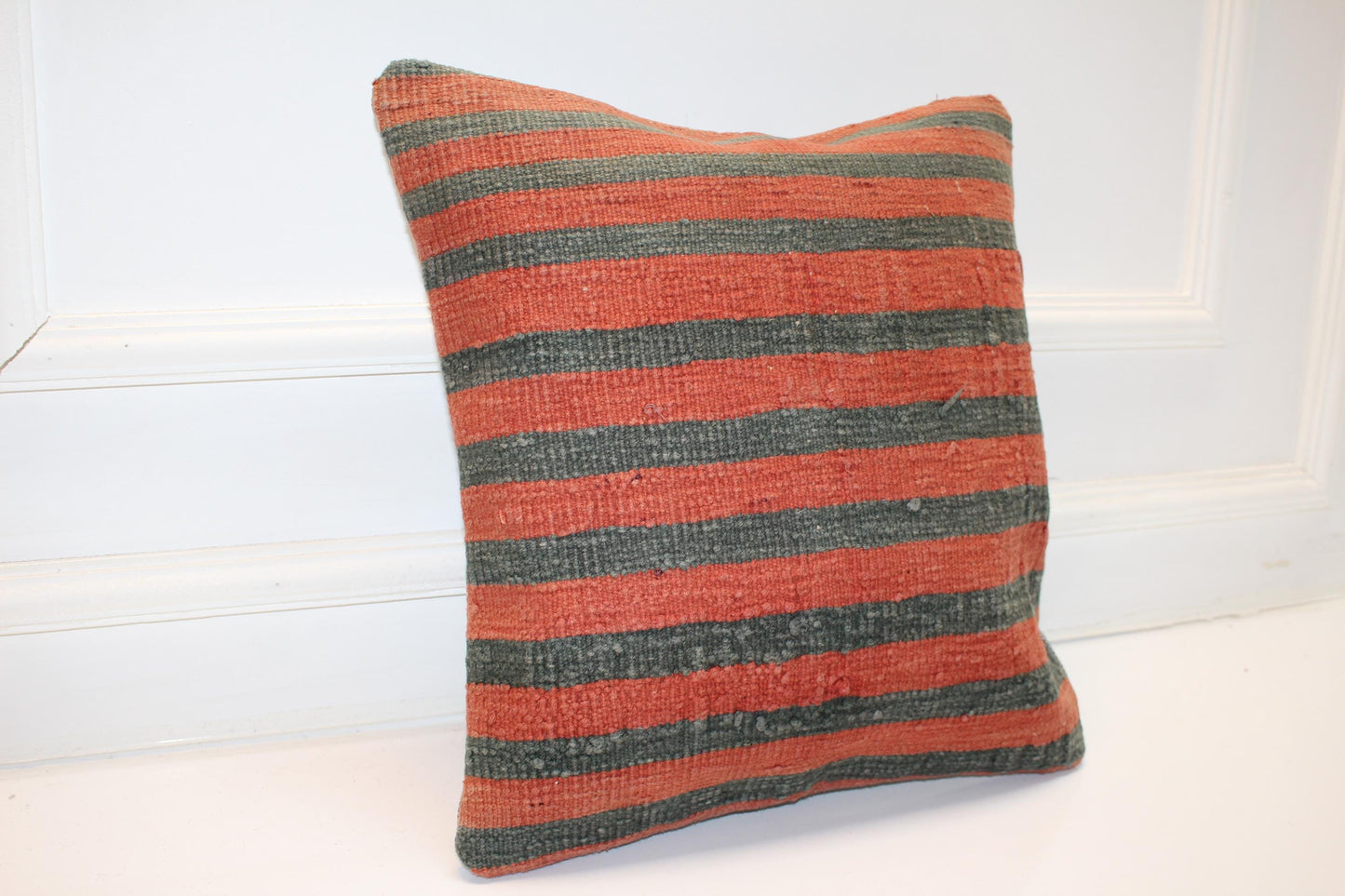 Vintage Turkish Persian Kilim Lumbar Pillow, Orange Green Striped Woven Cushion, Handmade Rug Pillow Cover, 16x16 inch