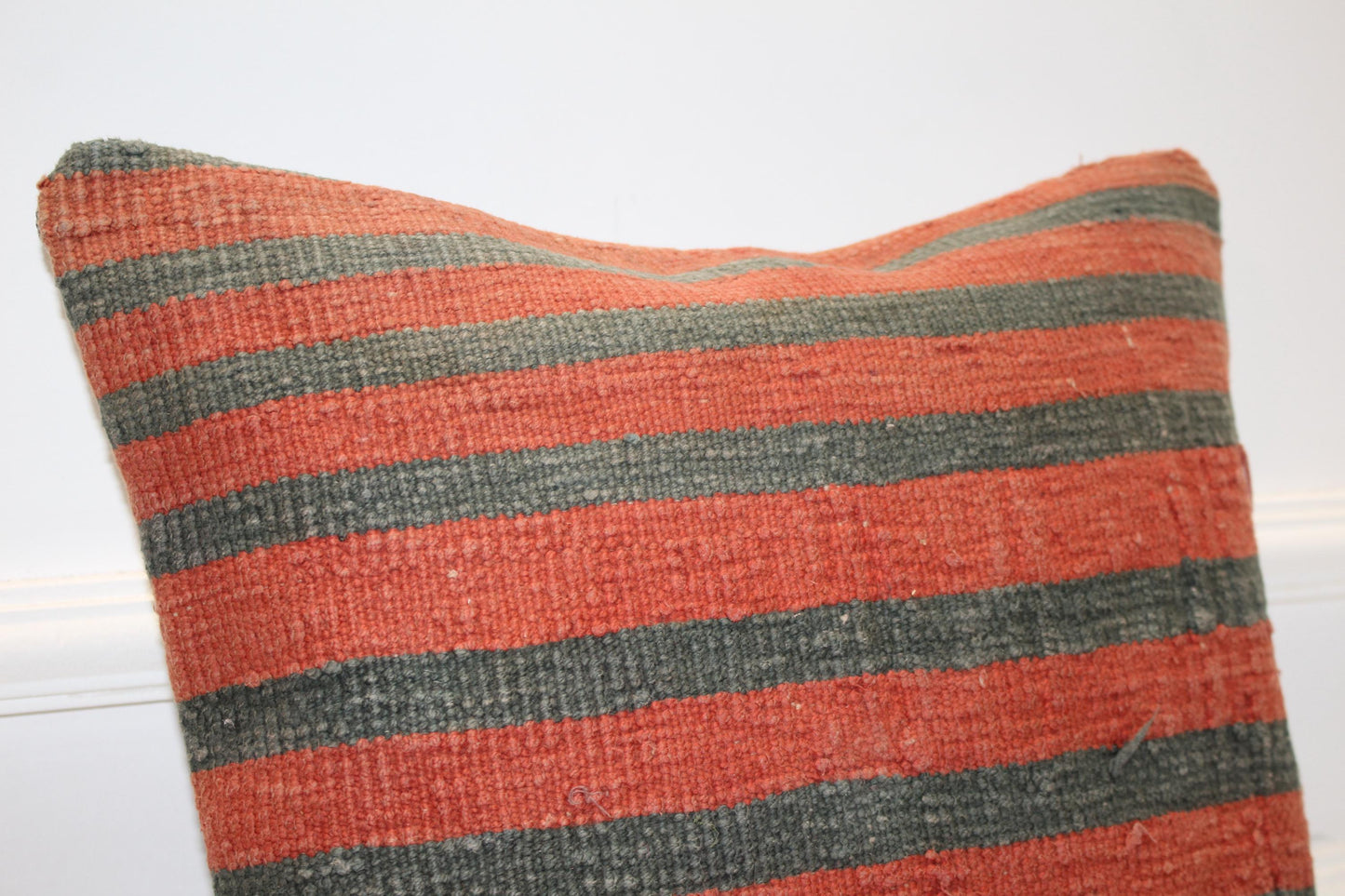 Vintage Turkish Persian Kilim Lumbar Pillow, Orange Green Striped Woven Cushion, Handmade Rug Pillow Cover, 16x16 inch