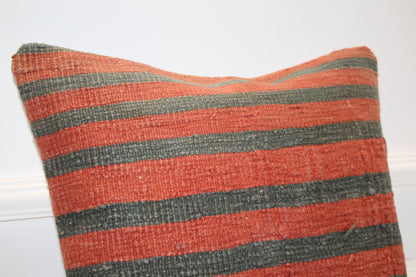 Vintage Turkish Persian Kilim Lumbar Pillow, Orange Green Striped Woven Cushion, Handmade Rug Pillow Cover, 16x16 inch