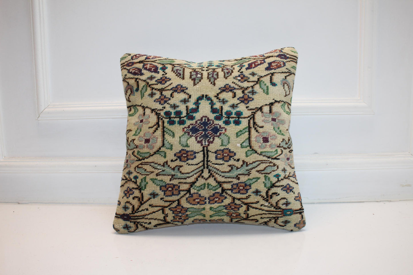 Vintage Turkish Persian Kilim Lumbar Pillow, Cream Floral Woven Cushion, Handmade Rug Pillow Cover, 16x16 inch