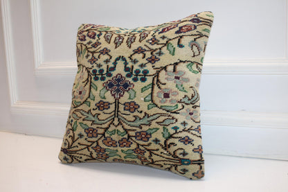Vintage Turkish Persian Kilim Lumbar Pillow, Cream Floral Woven Cushion, Handmade Rug Pillow Cover, 16x16 inch