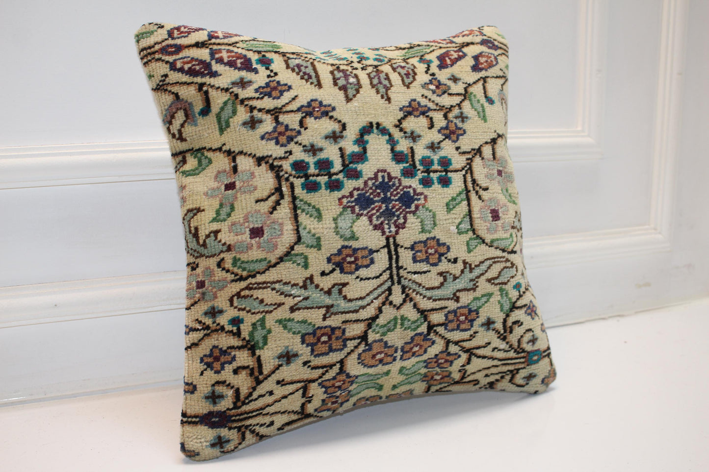 Vintage Turkish Persian Kilim Lumbar Pillow, Cream Floral Woven Cushion, Handmade Rug Pillow Cover, 16x16 inch