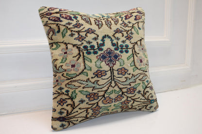 Vintage Turkish Persian Kilim Lumbar Pillow, Cream Floral Woven Cushion, Handmade Rug Pillow Cover, 16x16 inch