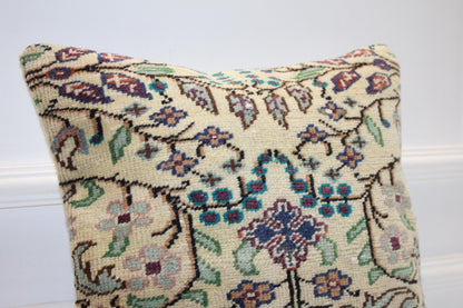 Vintage Turkish Persian Kilim Lumbar Pillow, Cream Floral Woven Cushion, Handmade Rug Pillow Cover, 16x16 inch