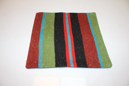 Vintage Turkish Persian Kilim Lumbar Pillow, Black Red Green Striped Woven Cushion, Handmade Rug Pillow Cover, 16x16 inch