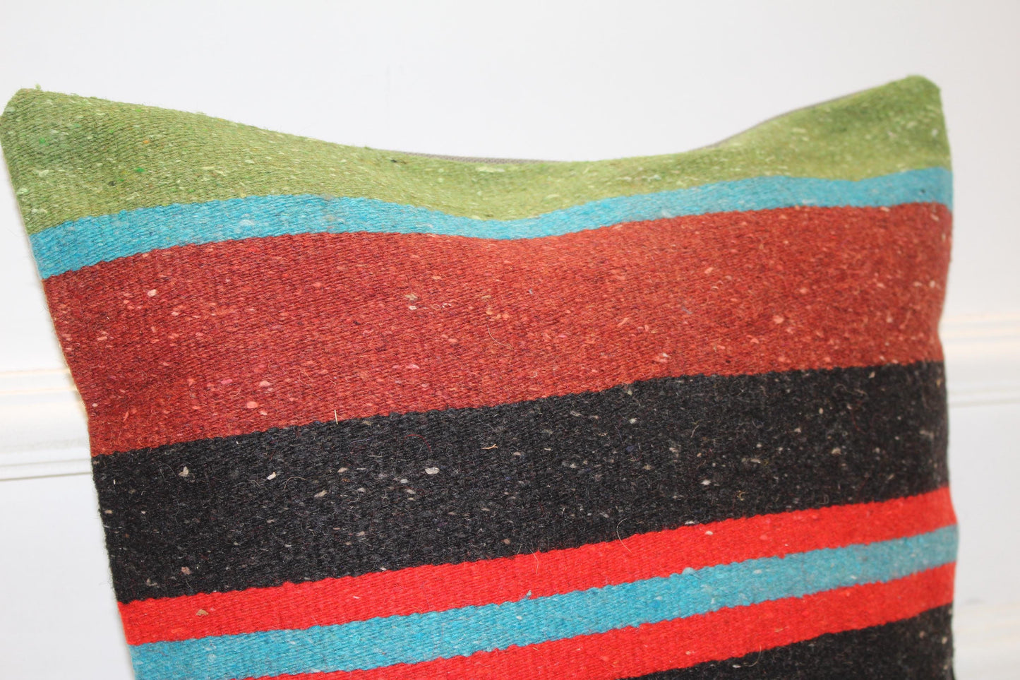 Vintage Turkish Persian Kilim Lumbar Pillow, Black Red Green Striped Woven Cushion, Handmade Rug Pillow Cover, 16x16 inch
