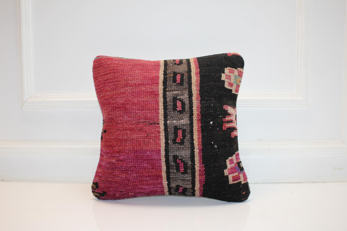 Vintage Turkish Persian Kilim Lumbar Pillow, Pink Black Tribal Woven Cushion, Handmade Rug Pillow Cover, 16x16 inch