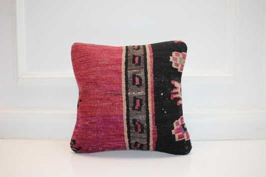 Vintage Turkish Persian Kilim Lumbar Pillow, Pink Black Tribal Woven Cushion, Handmade Rug Pillow Cover, 16x16 inch