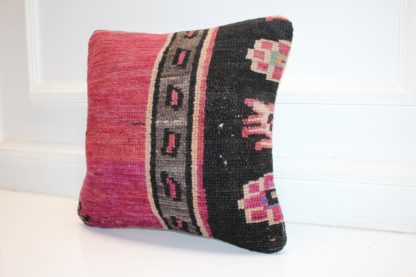 Vintage Turkish Persian Kilim Lumbar Pillow, Pink Black Tribal Woven Cushion, Handmade Rug Pillow Cover, 16x16 inch