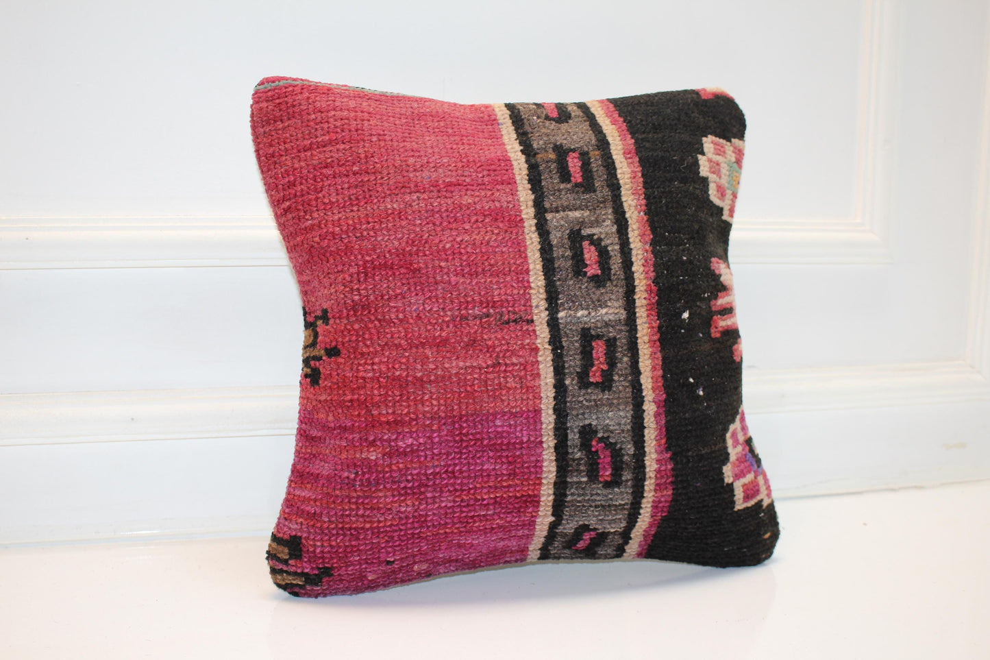 Vintage Turkish Persian Kilim Lumbar Pillow, Pink Black Tribal Woven Cushion, Handmade Rug Pillow Cover, 16x16 inch