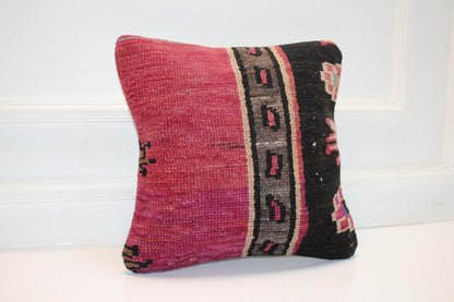 Vintage Turkish Persian Kilim Lumbar Pillow, Pink Black Tribal Woven Cushion, Handmade Rug Pillow Cover, 16x16 inch