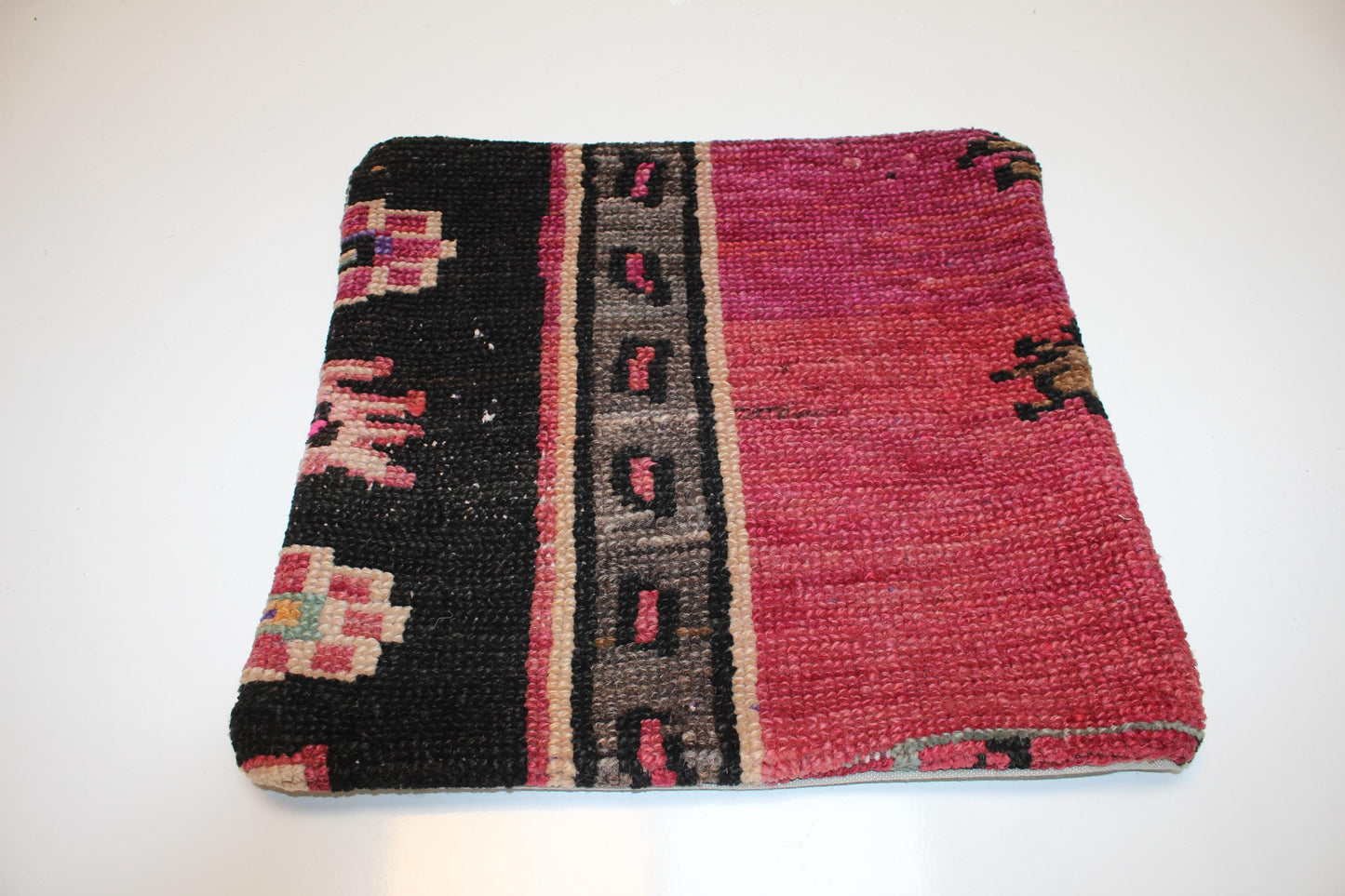 Vintage Turkish Persian Kilim Lumbar Pillow, Pink Black Tribal Woven Cushion, Handmade Rug Pillow Cover, 16x16 inch