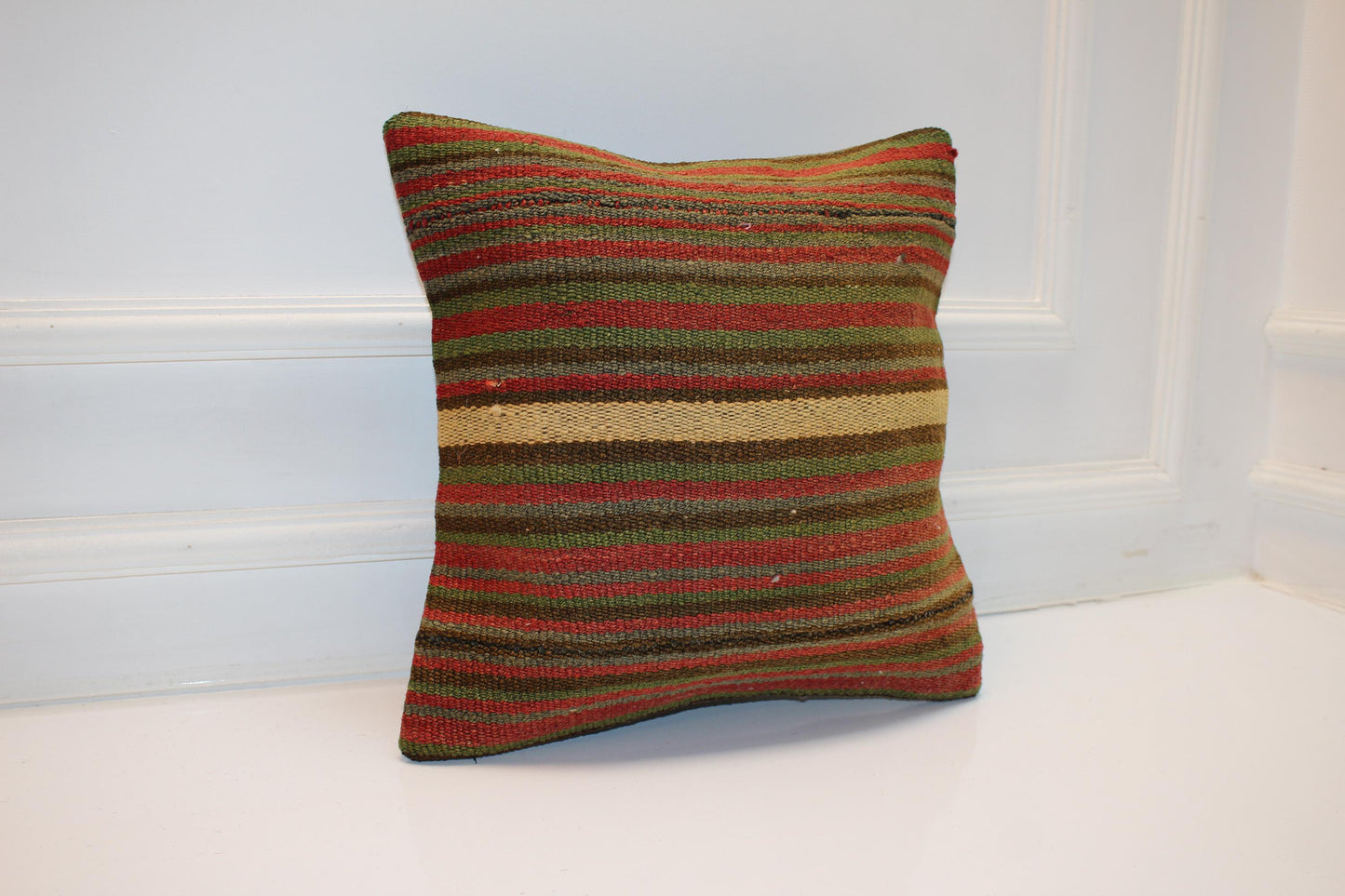 Vintage Turkish Persian Kilim Lumbar Pillow, Green Red Striped Woven Cushion, Handmade Rug Pillow Cover, 16x16 inch
