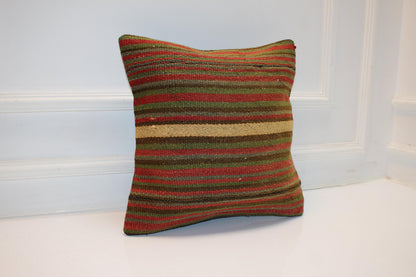 Vintage Turkish Persian Kilim Lumbar Pillow, Green Red Striped Woven Cushion, Handmade Rug Pillow Cover, 16x16 inch