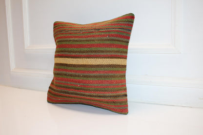 Vintage Turkish Persian Kilim Lumbar Pillow, Green Red Striped Woven Cushion, Handmade Rug Pillow Cover, 16x16 inch