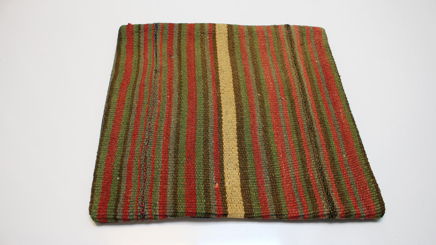 Vintage Turkish Persian Kilim Lumbar Pillow, Green Red Striped Woven Cushion, Handmade Rug Pillow Cover, 16x16 inch