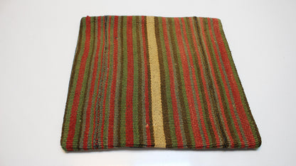 Vintage Turkish Persian Kilim Lumbar Pillow, Green Red Striped Woven Cushion, Handmade Rug Pillow Cover, 16x16 inch