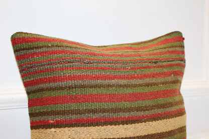 Vintage Turkish Persian Kilim Lumbar Pillow, Green Red Striped Woven Cushion, Handmade Rug Pillow Cover, 16x16 inch