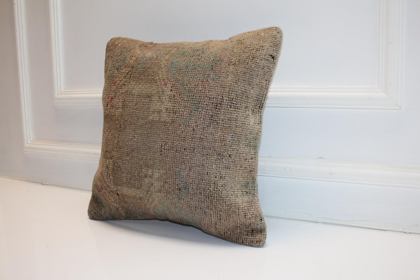 Vintage Turkish Persian Kilim Lumbar Pillow, Taupe Neutral Minimal Woven Cushion, Handmade Rug Pillow Cover, 16x16 inch