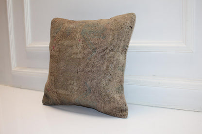 Vintage Turkish Persian Kilim Lumbar Pillow, Taupe Neutral Minimal Woven Cushion, Handmade Rug Pillow Cover, 16x16 inch