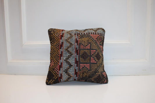Vintage Turkish Persian Kilim Lumbar Pillow, Multicolor Tribal Woven Cushion, Handmade Rug Pillow Cover, 16x16 inch
