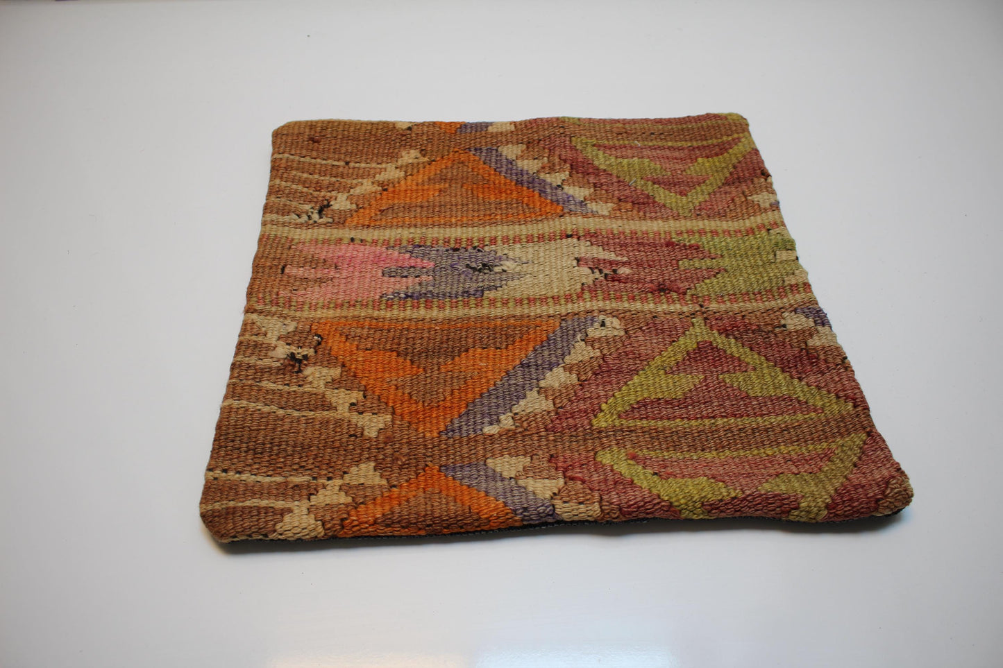 Vintage Turkish Persian Kilim Lumbar Pillow, Orange Mustard Geometric Woven Cushion, Handmade Rug Pillow Cover, 16x16 inch