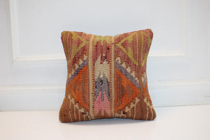 Vintage Turkish Persian Kilim Lumbar Pillow, Orange Mustard Geometric Woven Cushion, Handmade Rug Pillow Cover, 16x16 inch
