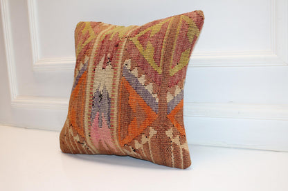 Vintage Turkish Persian Kilim Lumbar Pillow, Orange Mustard Geometric Woven Cushion, Handmade Rug Pillow Cover, 16x16 inch