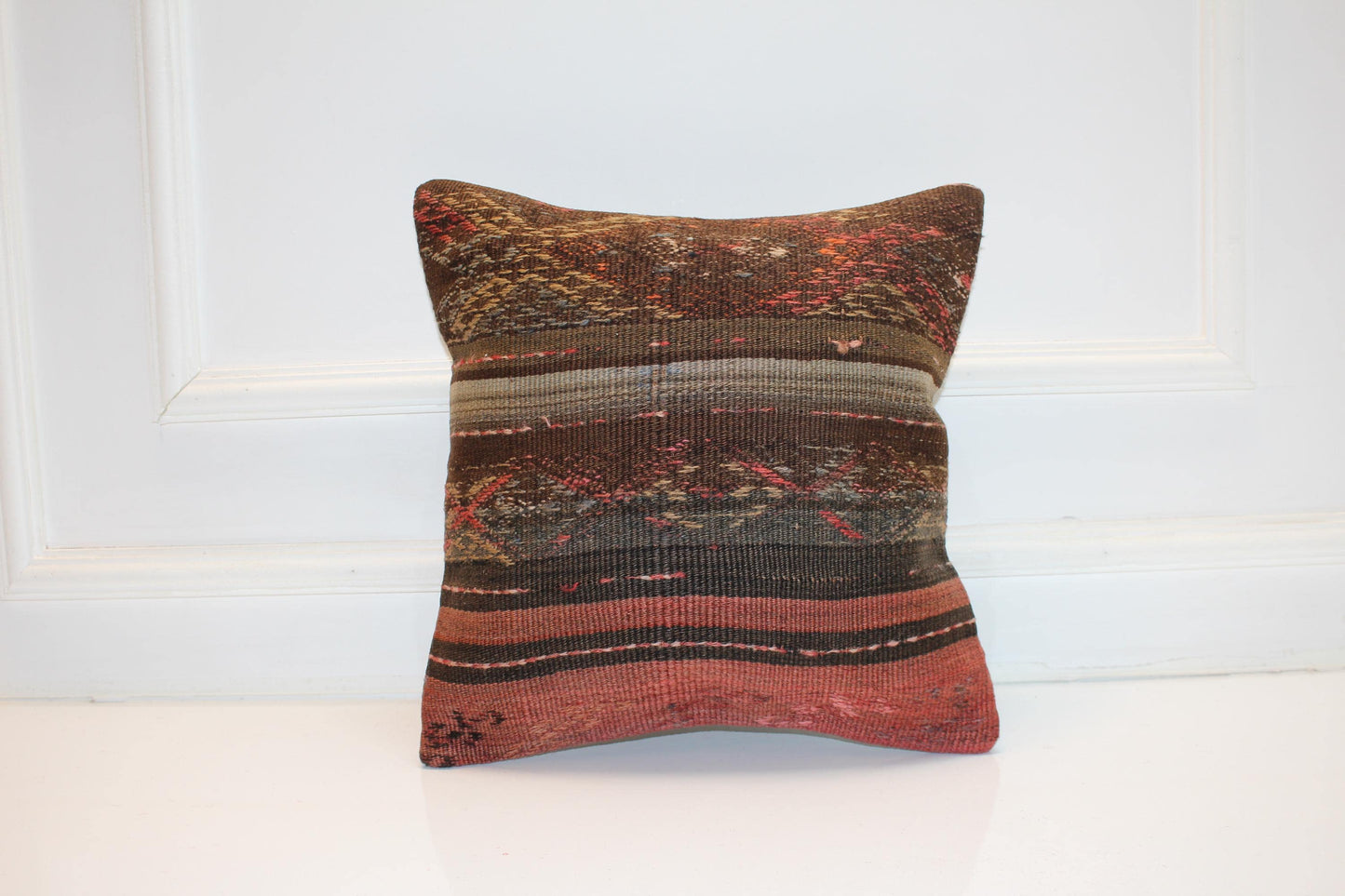 Vintage Turkish Persian Kilim Lumbar Pillow, Brown Rust Striped Woven Cushion, Handmade Rug Pillow Cover, 16x16 inch