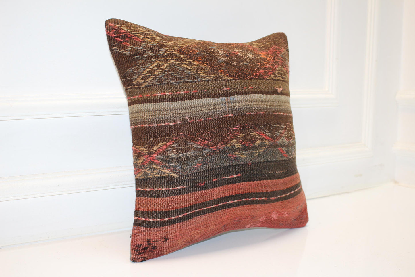 Vintage Turkish Persian Kilim Lumbar Pillow, Brown Rust Striped Woven Cushion, Handmade Rug Pillow Cover, 16x16 inch