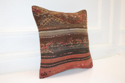 Vintage Turkish Persian Kilim Lumbar Pillow, Brown Rust Striped Woven Cushion, Handmade Rug Pillow Cover, 16x16 inch